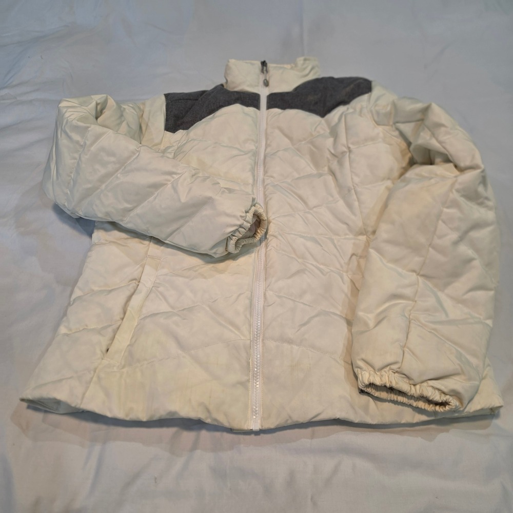 Eddie Bauer Puffer Jacket Womens Large Cream Grey Down Fill Quilted Fur Lined